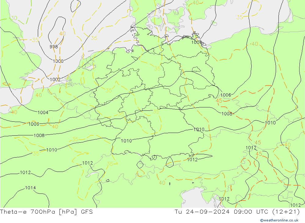 Theta-e 700hPa GFS Sa 24.09.2024 09 UTC