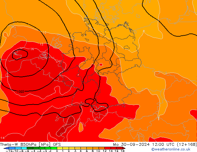 Theta-W 850hPa GFS pon. 30.09.2024 12 UTC