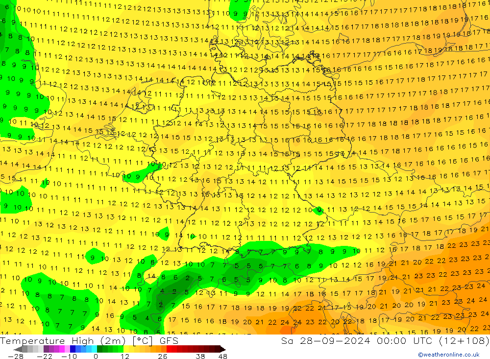 Temperature High (2m) GFS Sa 28.09.2024 00 UTC