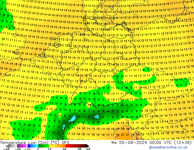 Min. Temperatura (2m) GFS śro. 25.09.2024 00 UTC