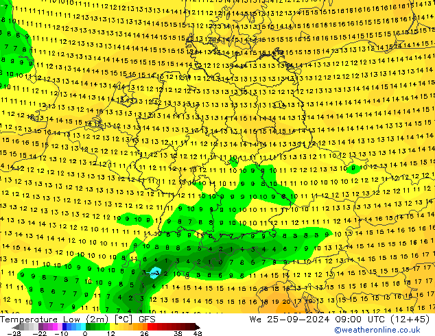 Temperatura mín. (2m) GFS mié 25.09.2024 09 UTC