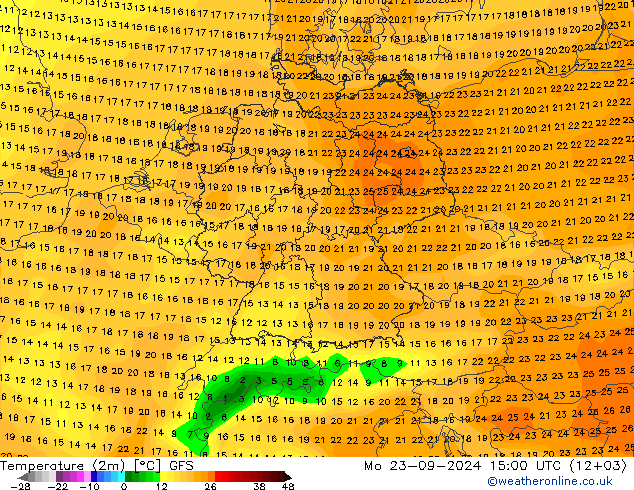 Temperatuurkaart (2m) GFS ma 23.09.2024 15 UTC