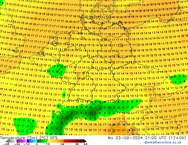 Temperature (2m) GFS Mo 23.09.2024 21 UTC