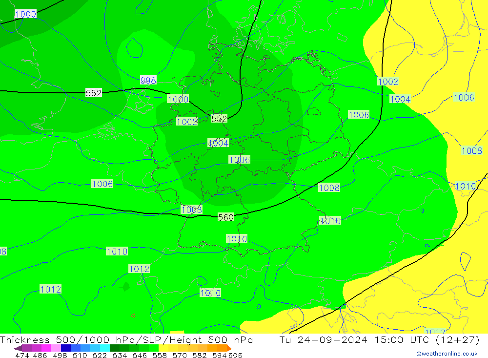 Thck 500-1000hPa GFS wto. 24.09.2024 15 UTC