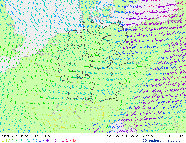 Rüzgar 700 hPa GFS Cts 28.09.2024 06 UTC