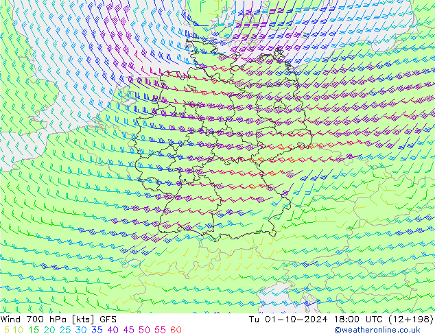 Vento 700 hPa GFS Ter 01.10.2024 18 UTC