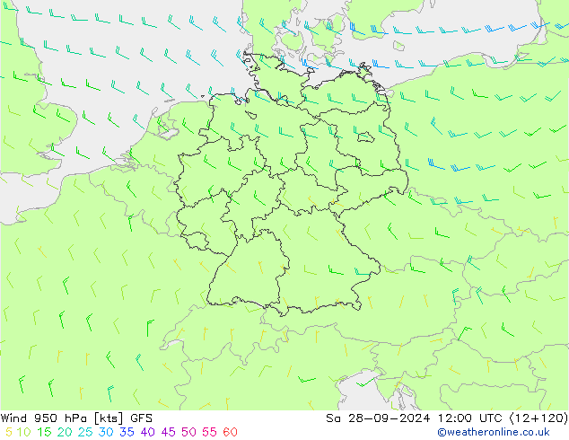 Wind 950 hPa GFS Sa 28.09.2024 12 UTC