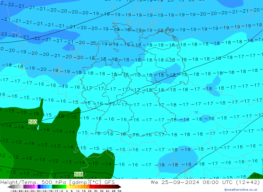 Z500/Rain (+SLP)/Z850 GFS mer 25.09.2024 06 UTC