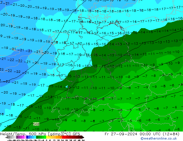 Hoogte/Temp. 500 hPa GFS vr 27.09.2024 00 UTC