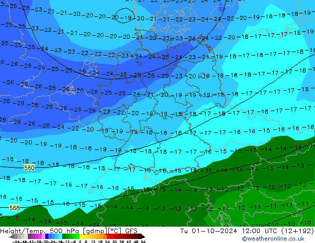 Z500/Rain (+SLP)/Z850 GFS Tu 01.10.2024 12 UTC