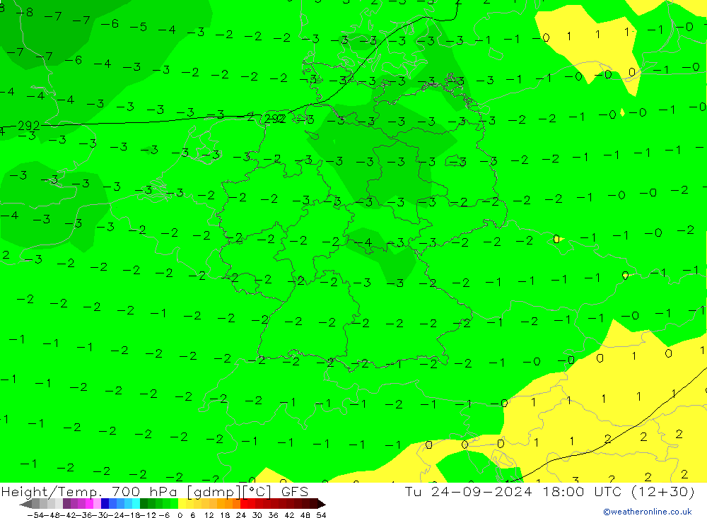 Height/Temp. 700 hPa GFS wto. 24.09.2024 18 UTC