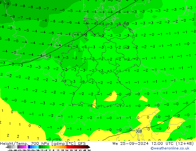 Hoogte/Temp. 700 hPa GFS wo 25.09.2024 12 UTC