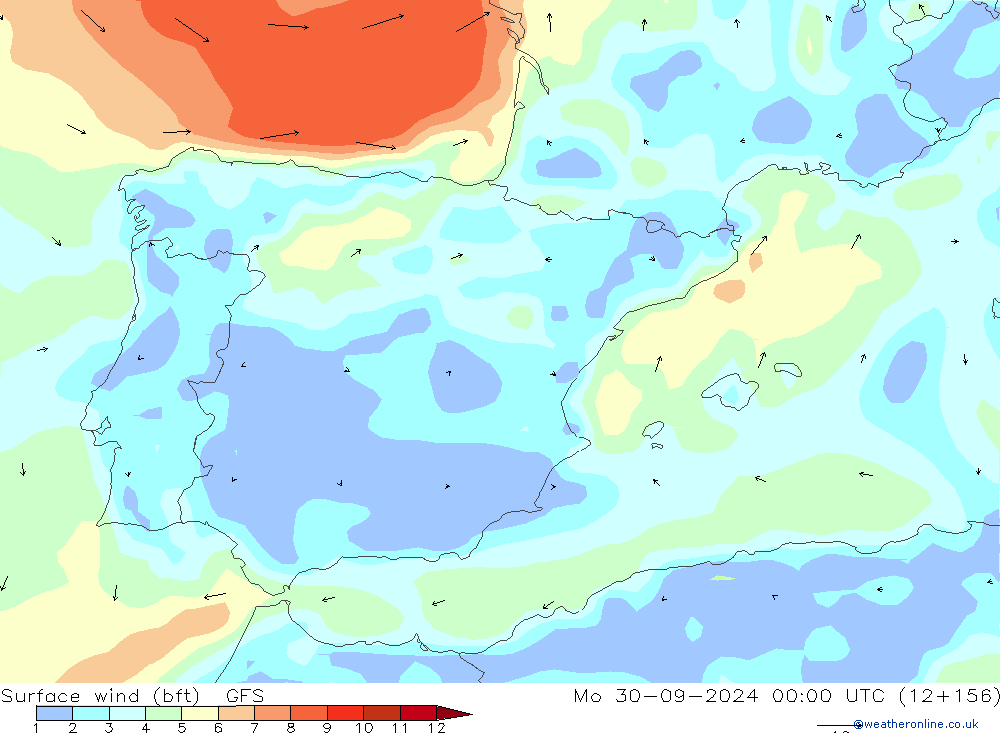 wiatr 10 m (bft) GFS pon. 30.09.2024 00 UTC