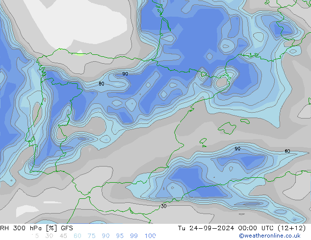 RH 300 hPa GFS Tu 24.09.2024 00 UTC