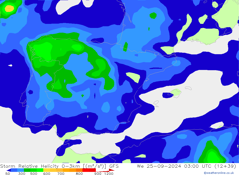 Storm Relative Helicity GFS Qua 25.09.2024 03 UTC