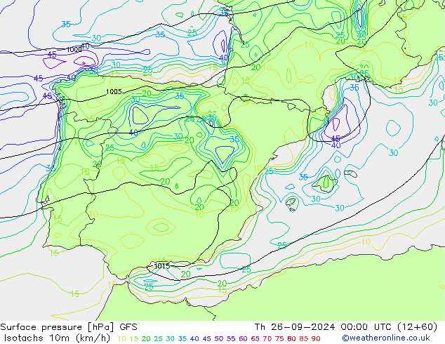 Isotachs (kph) GFS jeu 26.09.2024 00 UTC