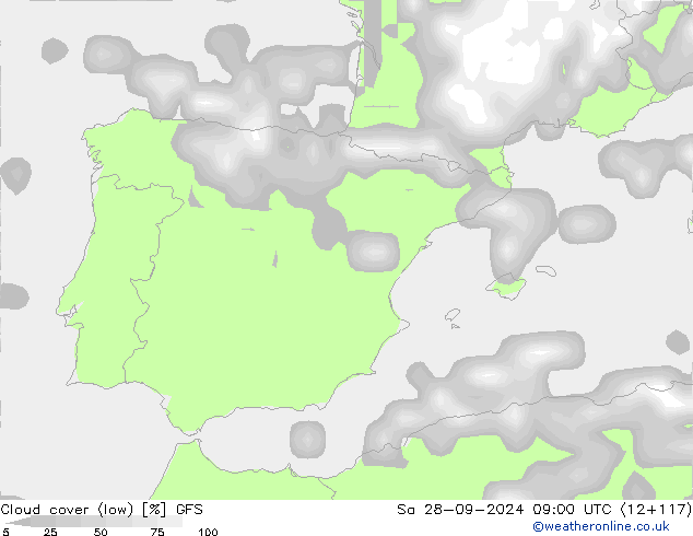 Cloud cover (low) GFS Sa 28.09.2024 09 UTC