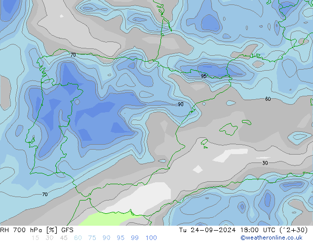 RH 700 hPa GFS wto. 24.09.2024 18 UTC