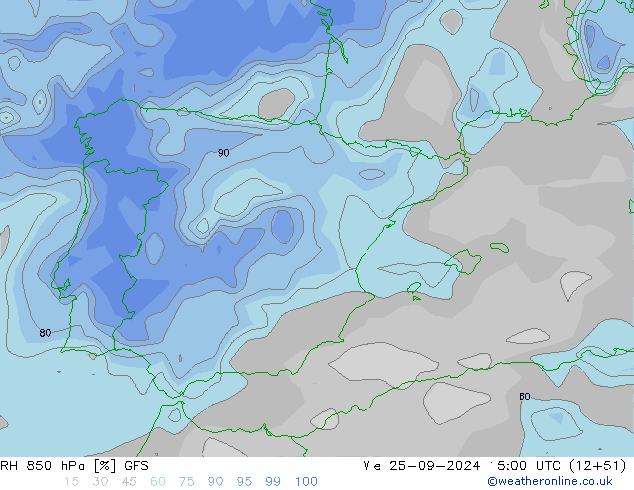 850 hPa Nispi Nem GFS Çar 25.09.2024 15 UTC