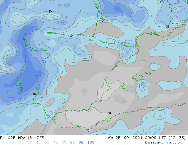 RH 925 hPa GFS śro. 25.09.2024 00 UTC