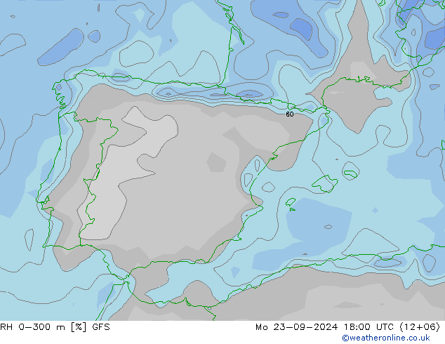 RH 0-300 m GFS pon. 23.09.2024 18 UTC