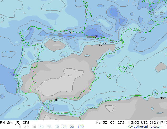 RH 2m GFS пн 30.09.2024 18 UTC