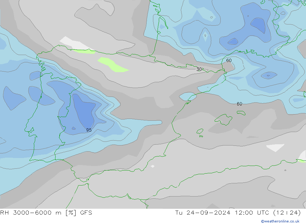 RH 3000-6000 m GFS вт 24.09.2024 12 UTC