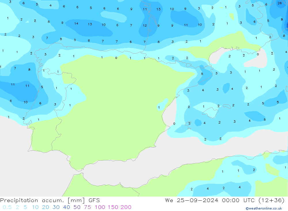 Precipitación acum. GFS mié 25.09.2024 00 UTC