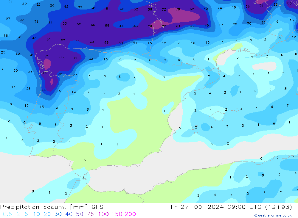 Precipitation accum. GFS Pá 27.09.2024 09 UTC