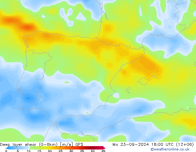 Deep layer shear (0-6km) GFS pon. 23.09.2024 18 UTC