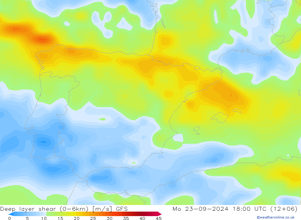 Deep layer shear (0-6km) GFS Po 23.09.2024 18 UTC