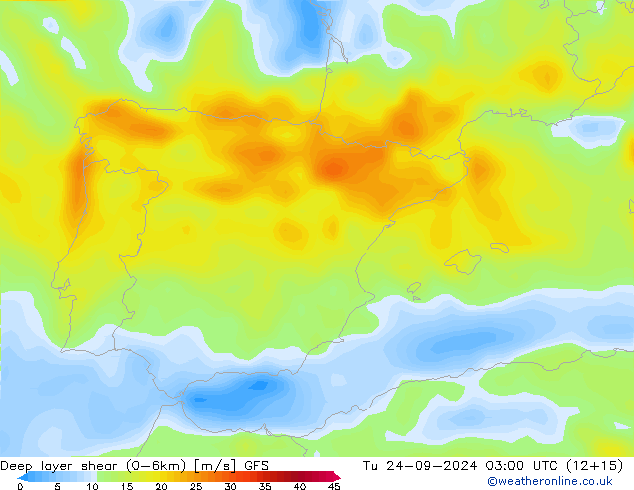 Deep layer shear (0-6km) GFS Ter 24.09.2024 03 UTC