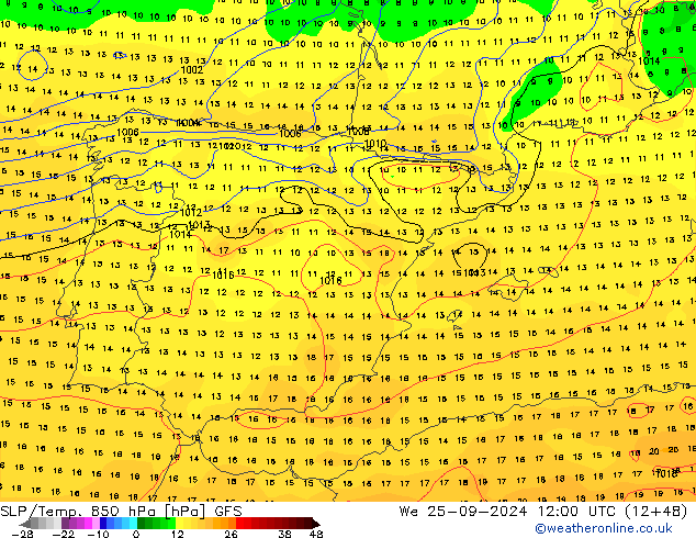 850 hPa Yer Bas./Sıc GFS Çar 25.09.2024 12 UTC