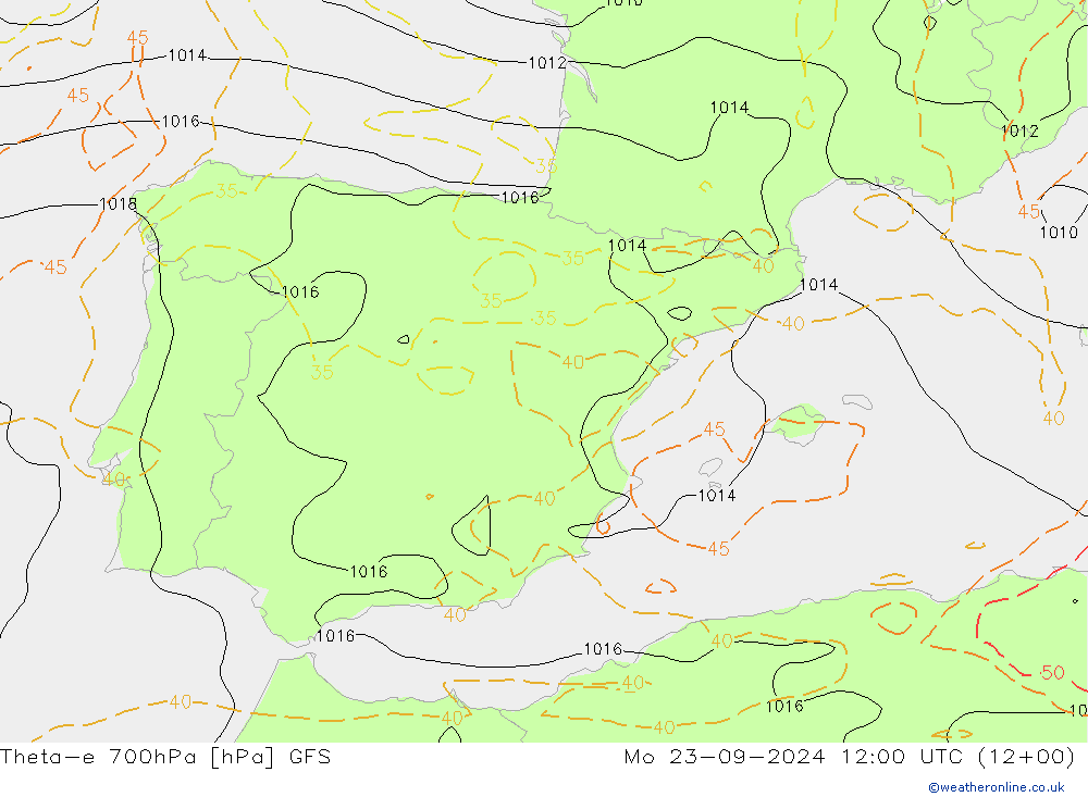 Theta-e 700hPa GFS pon. 23.09.2024 12 UTC
