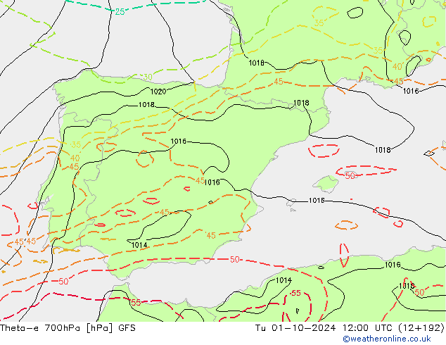 Theta-e 700hPa GFS Tu 01.10.2024 12 UTC