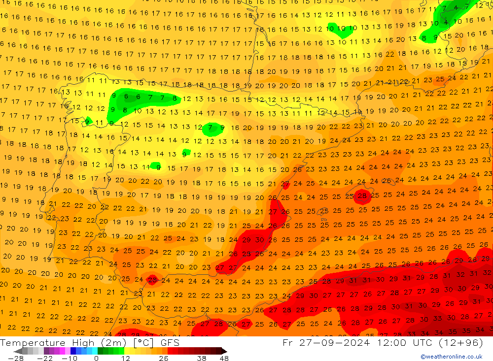 Темпер. макс 2т GFS пт 27.09.2024 12 UTC