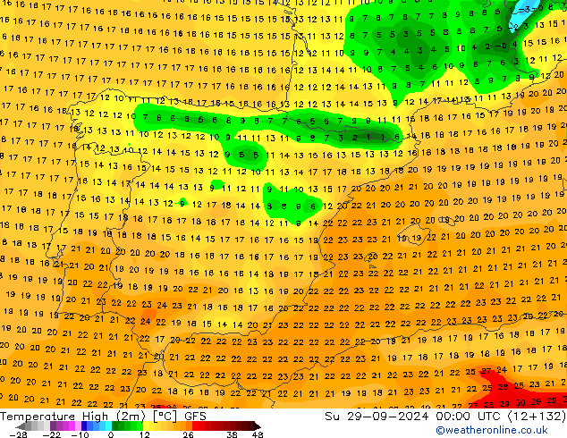 Temperature High (2m) GFS Su 29.09.2024 00 UTC