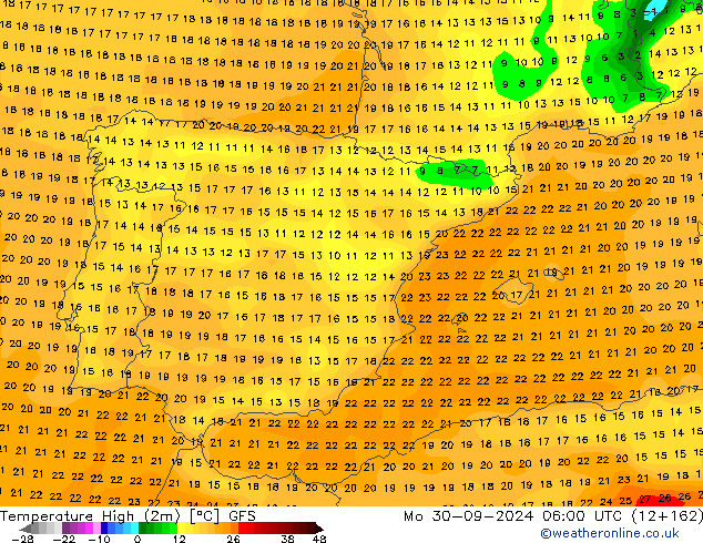 Temperature High (2m) GFS Mo 30.09.2024 06 UTC