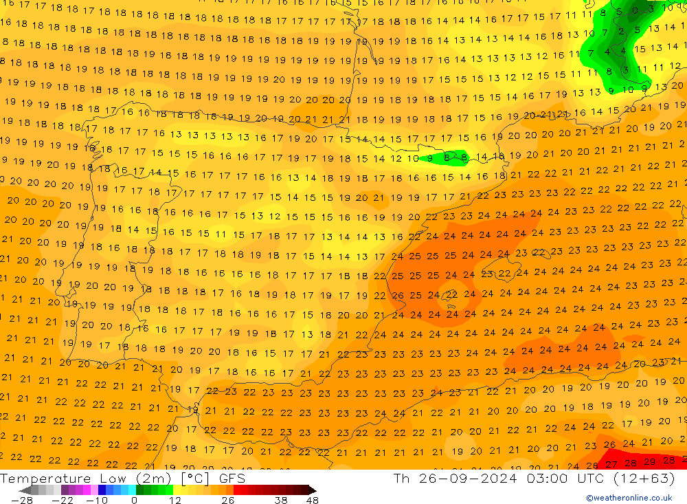 Nejnižší teplota (2m) GFS Čt 26.09.2024 03 UTC