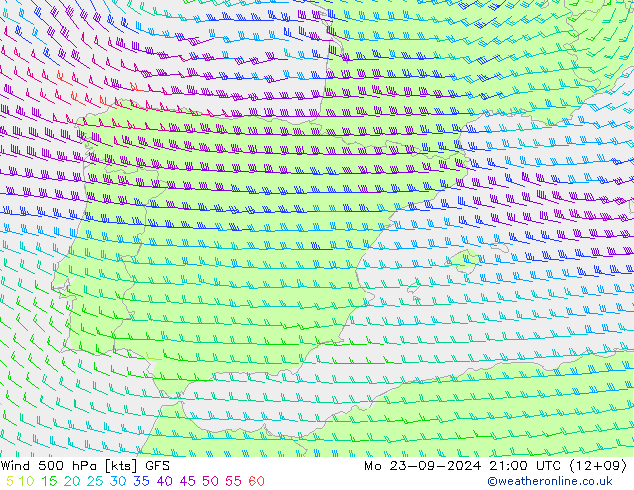 Vent 500 hPa GFS lun 23.09.2024 21 UTC