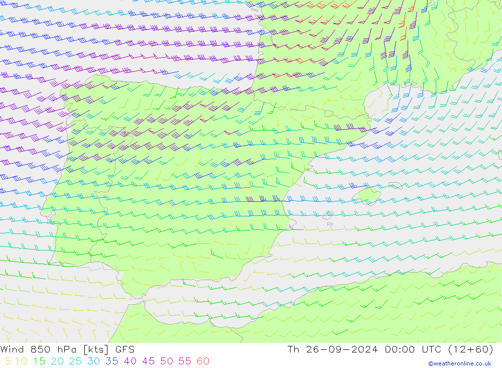 Wind 850 hPa GFS Čt 26.09.2024 00 UTC