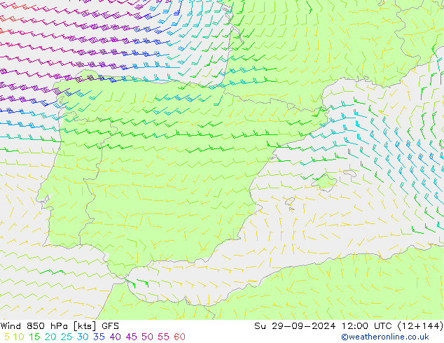 wiatr 850 hPa GFS nie. 29.09.2024 12 UTC