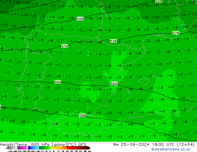 Height/Temp. 500 hPa GFS St 25.09.2024 18 UTC