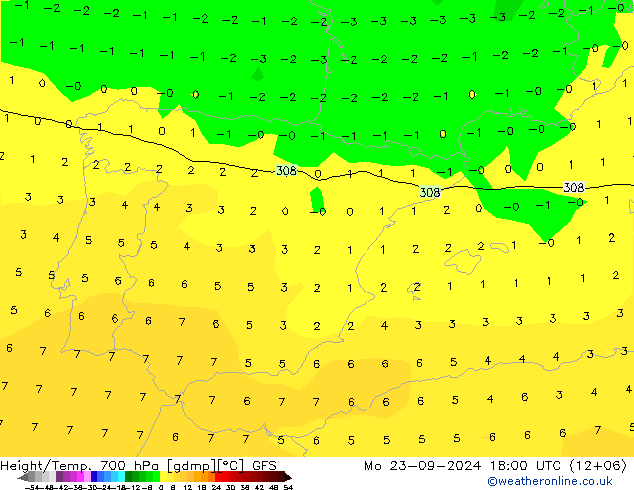 Height/Temp. 700 hPa GFS pon. 23.09.2024 18 UTC