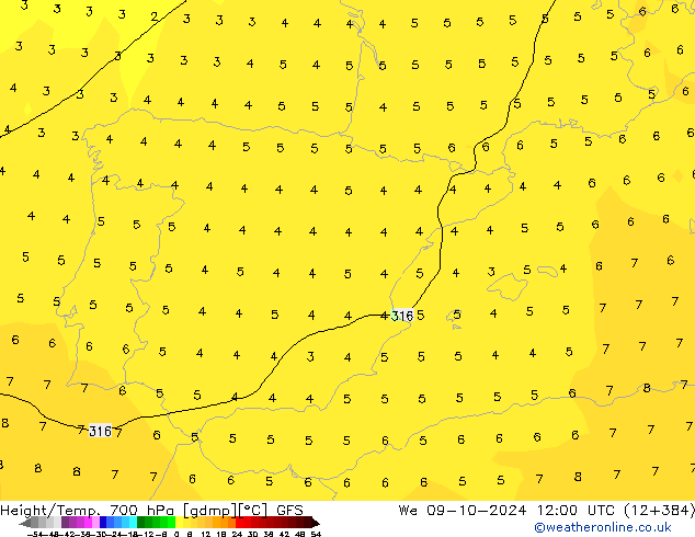 Hoogte/Temp. 700 hPa GFS wo 09.10.2024 12 UTC