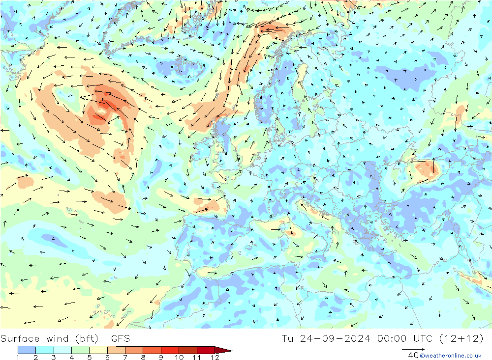 Surface wind (bft) GFS Tu 24.09.2024 00 UTC