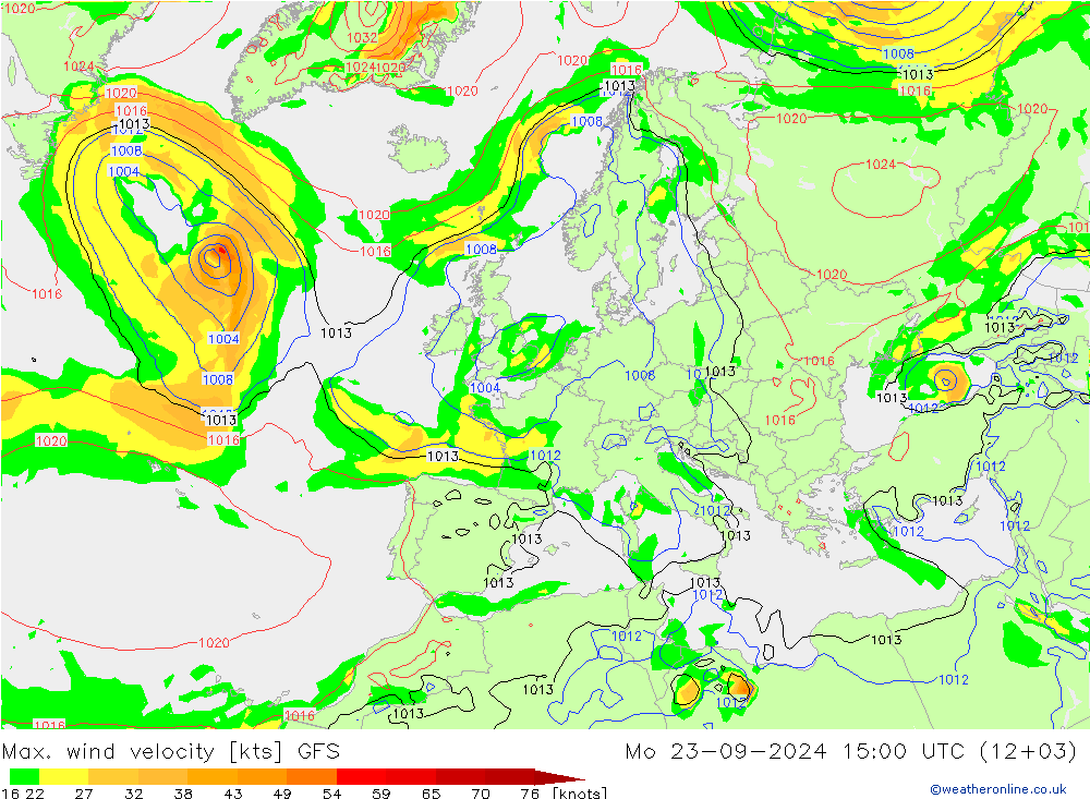 Max. wind velocity GFS пн 23.09.2024 15 UTC