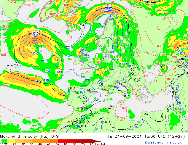 Max. wind velocity GFS wto. 24.09.2024 15 UTC