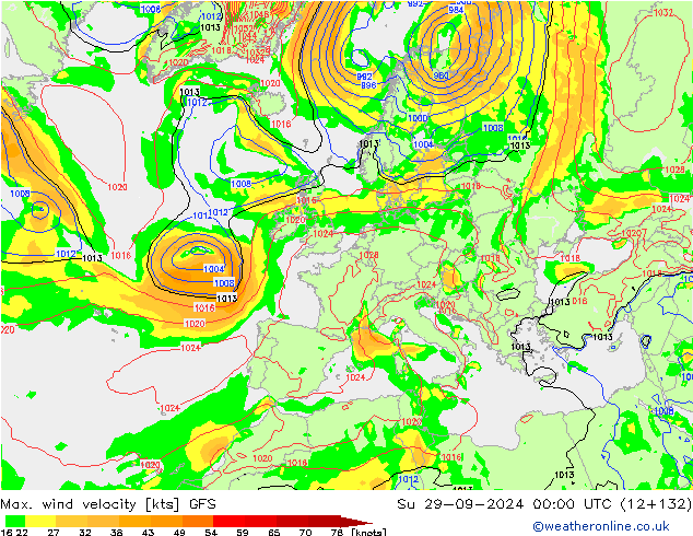 Max. wind velocity GFS Su 29.09.2024 00 UTC