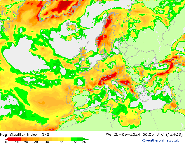 Fog Stability Index GFS ср 25.09.2024 00 UTC